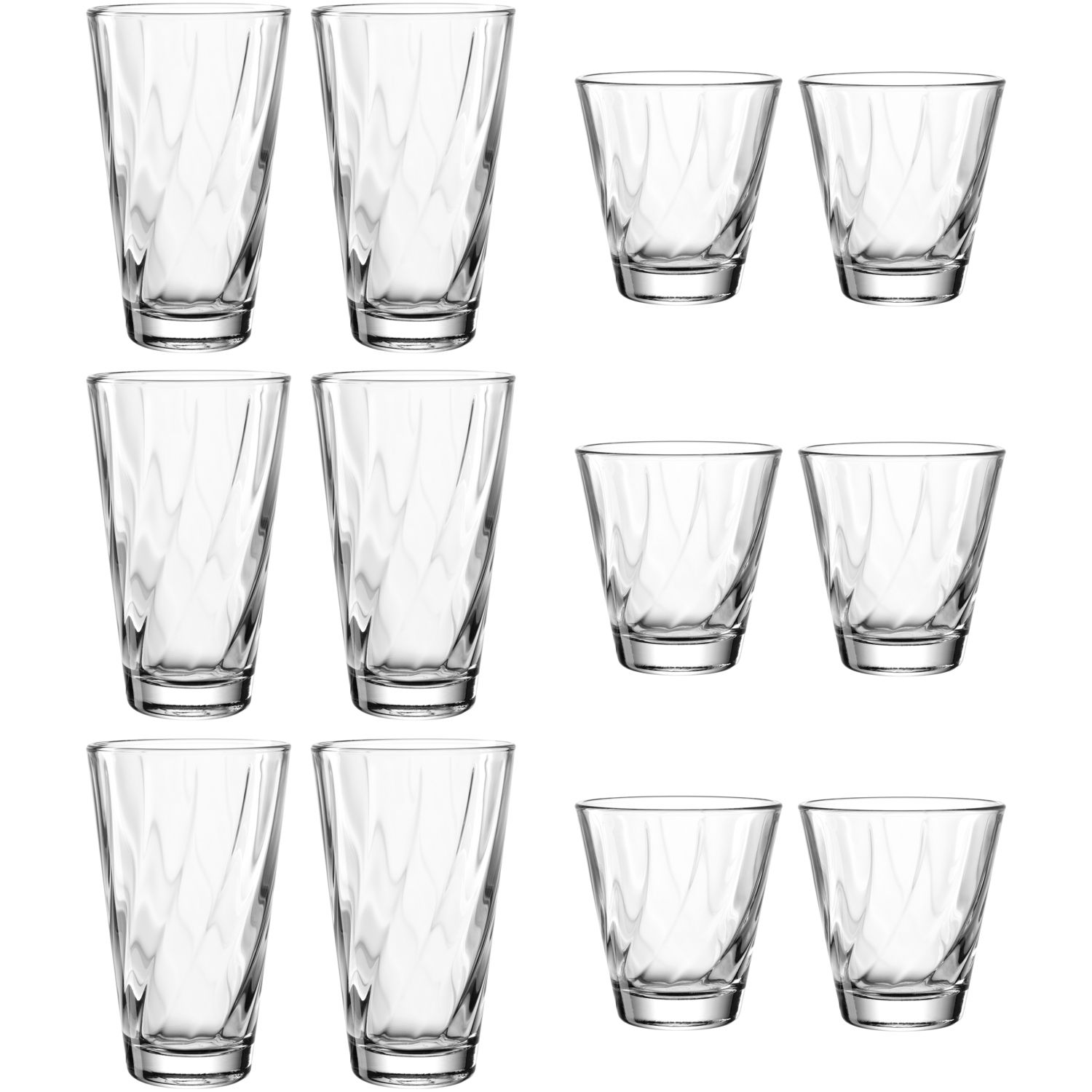 12-teiliges Becherset TWIST aus Glas, bestehend aus hohen und niedrigen Gläsern, frontal abgebildet.