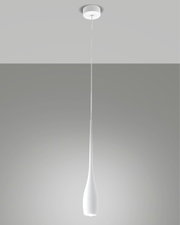 Moderne LED-Pendelleuchte COCO von Fabas Luce in Tropfenform, von der Seite betrachtet, mit elegantem, schlankem Design und weißem Finish.