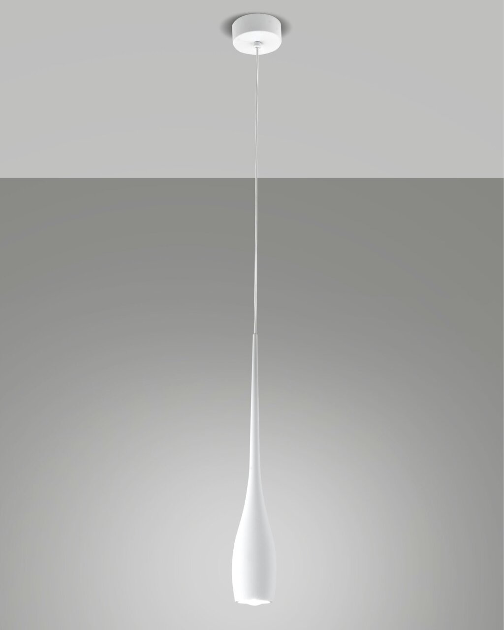 Moderne LED-Pendelleuchte COCO von Fabas Luce in Tropfenform, von der Seite betrachtet, mit elegantem, schlankem Design und weißem Finish.