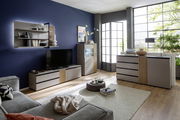 Modernes Wohnzimmer mit Sideboard, Highboard und TV-Lowboard in einer eleganten, minimalistischen Einrichtung. Perspektive von vorne.