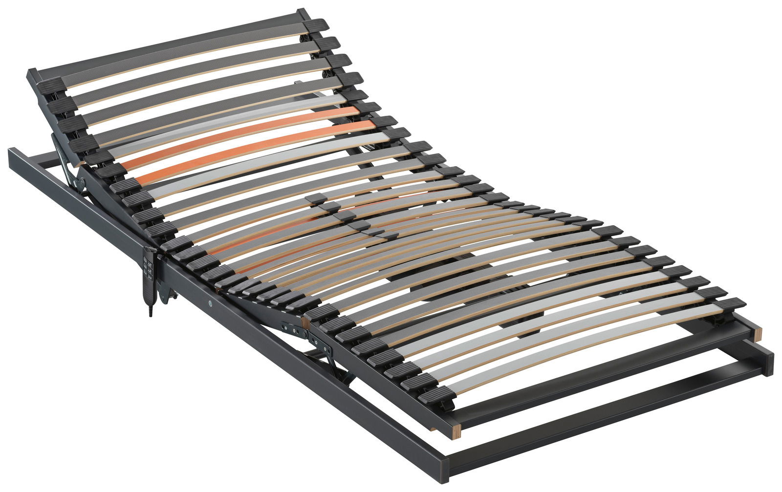 Verstellbarer Federholzrahmen in seitlicher Perspektive, zeigt gebogene Holzlatten und stabile Metallkonstruktion.