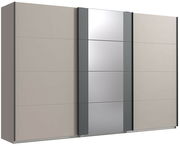 Schwebetürenschrank mit drei Türen, mittlere Tür mit Spiegel, seitliche Türen in Beige, Frontalansicht