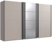 Schwebetürenschrank mit drei Türen, mittlere Tür mit Spiegel, seitliche Türen in Beige, Frontalansicht