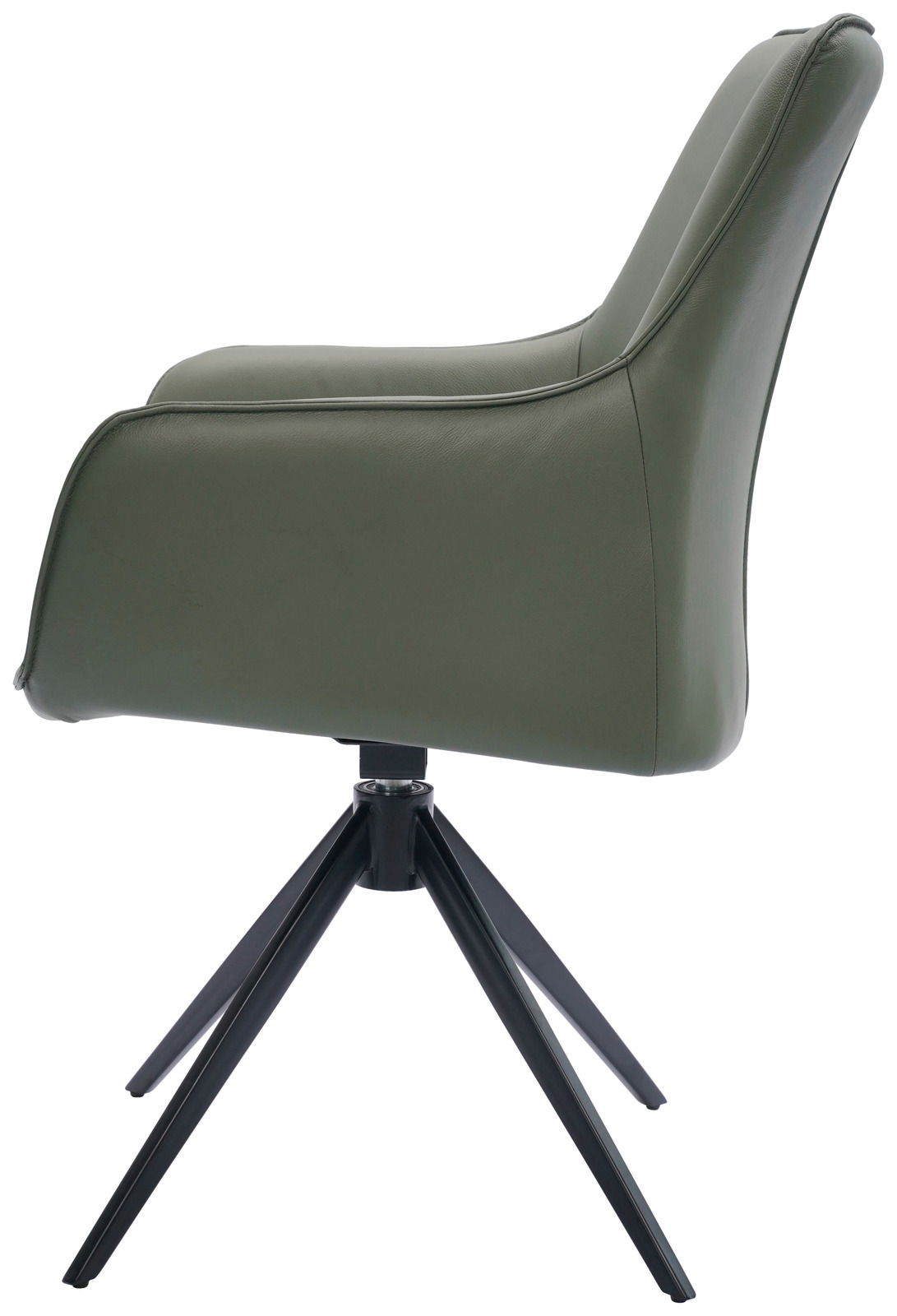 Seitenansicht eines grünen Armlehnstuhls mit schwarzem Metallgestell.