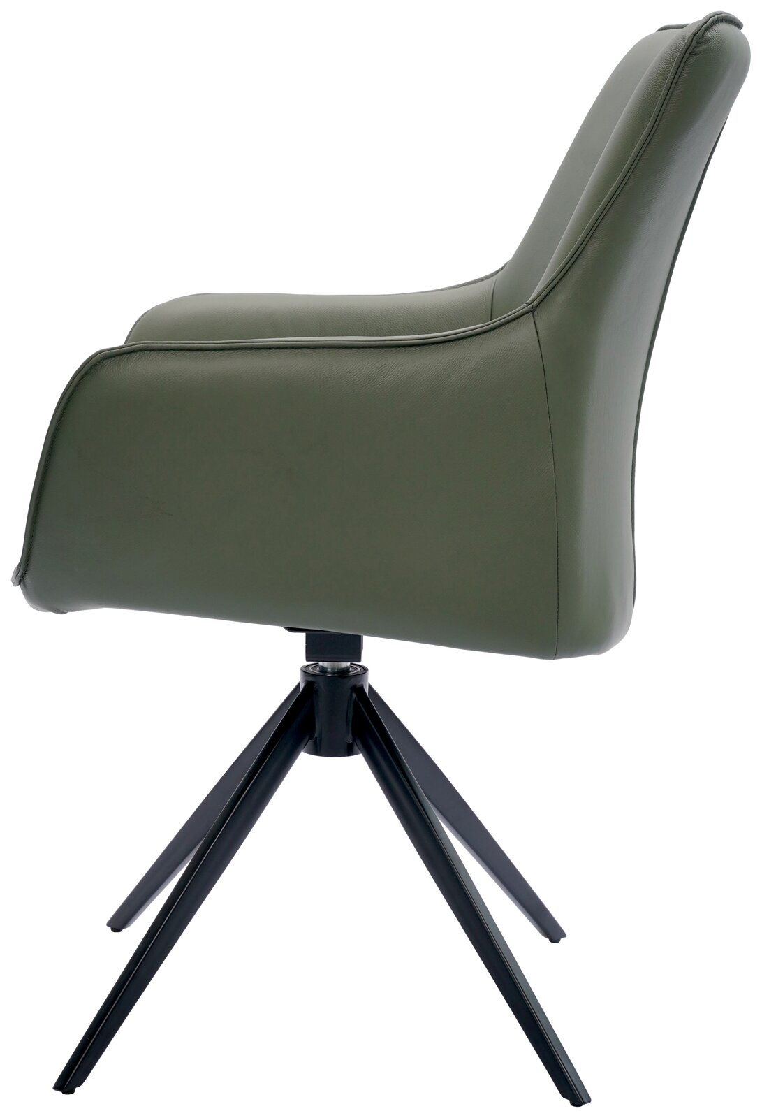 Seitenansicht eines grünen Armlehnstuhls mit schwarzem Metallgestell.