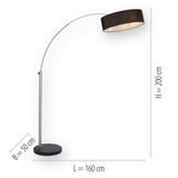 Moderne Stehleuchte mit gebogenem Arm und schwarzem Lampenschirm, seitliche Perspektive