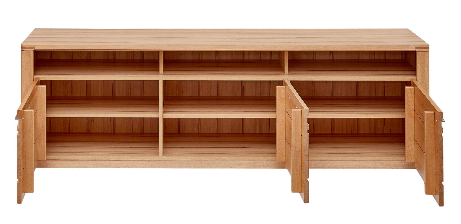 TV-Lowboard aus Holz mit offenen Türen und Regalfächern, frontale Ansicht