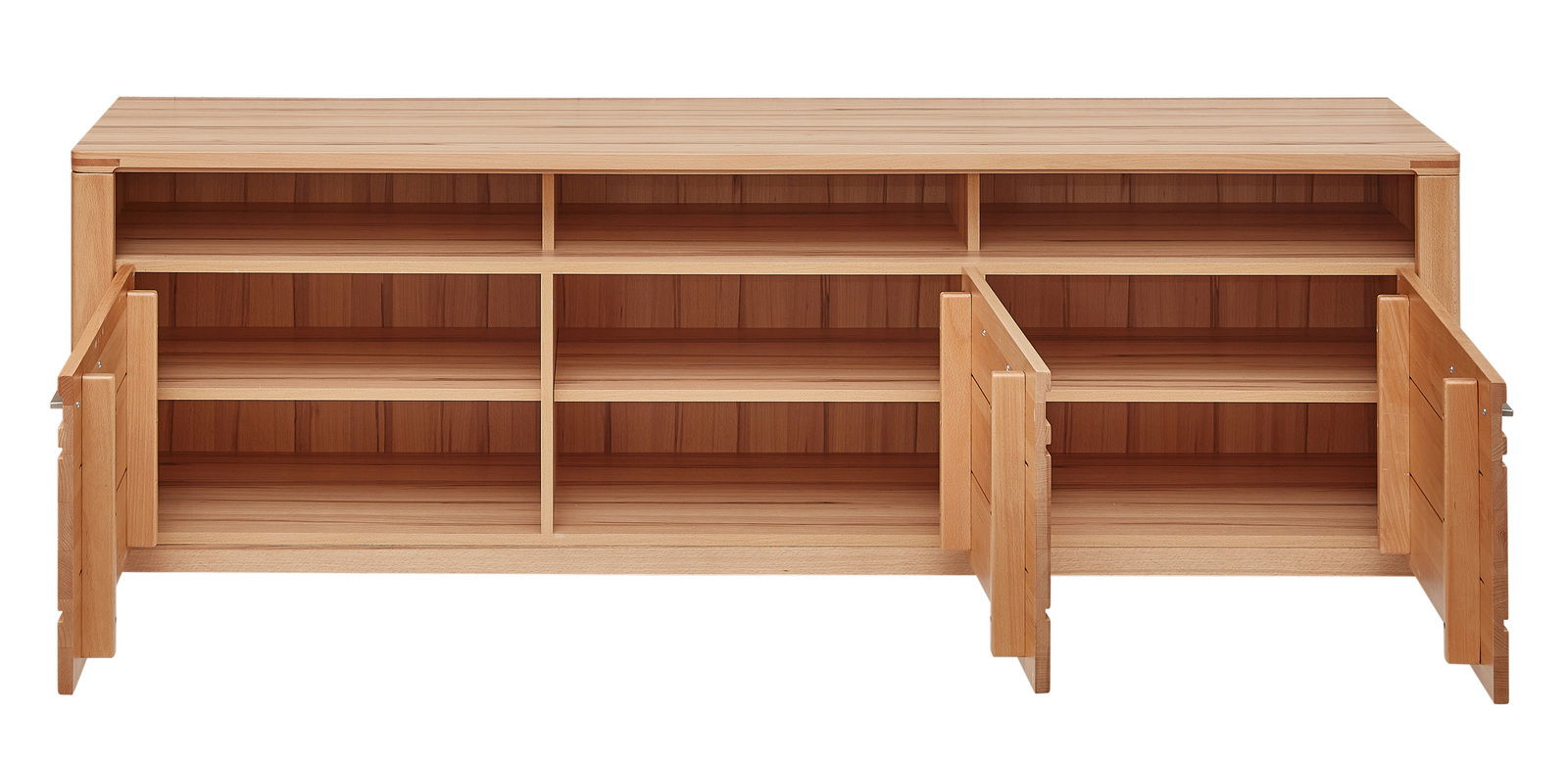 TV-Lowboard aus Holz mit offenen Türen und Regalfächern, frontale Ansicht