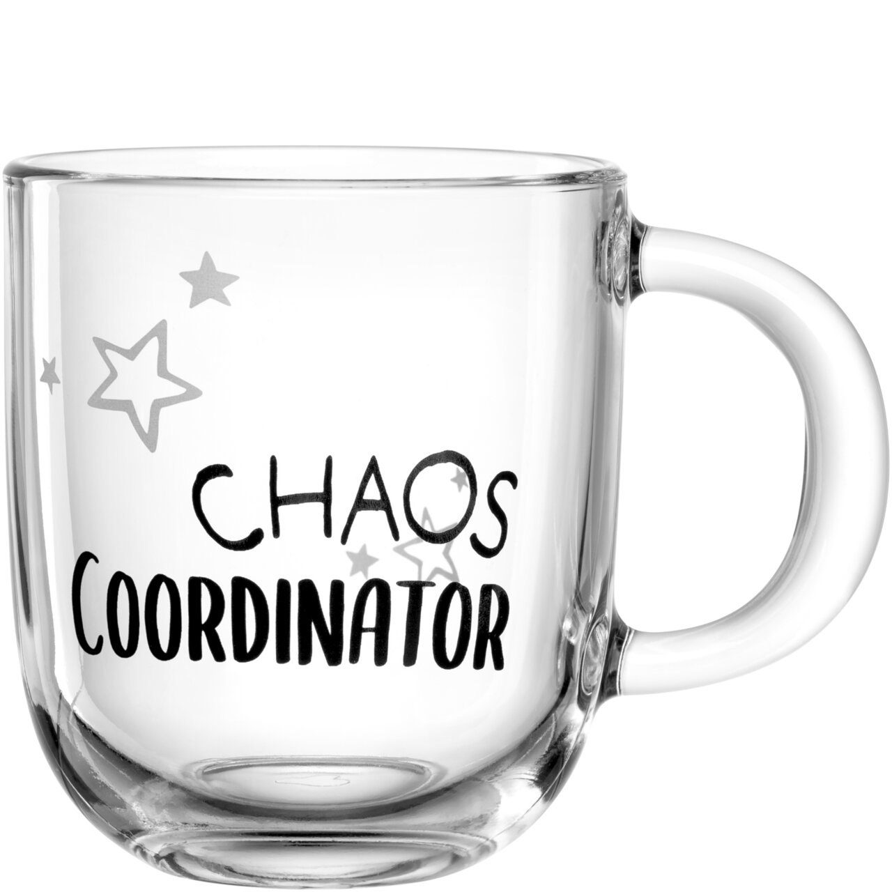 Transparente Tasse mit der Aufschrift 'CHAOS COORDINATOR' und Sternenmotiv, seitliche Perspektive