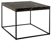 Moderner Couchtisch mit schwarzer Marmorplatte und schlankem Metallrahmen, seitliche Perspektive