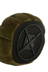 Unterseite eines Sessels mit drehbarem Metallgestell, seitliche Perspektive