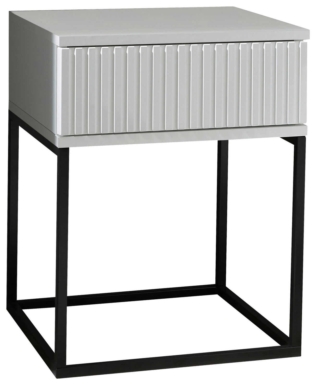 Z2 Nachtkommode MARLE Moderne Nachtkommode mit geriffelter Front und schwarzem Metallgestell, seitliche Perspektive
