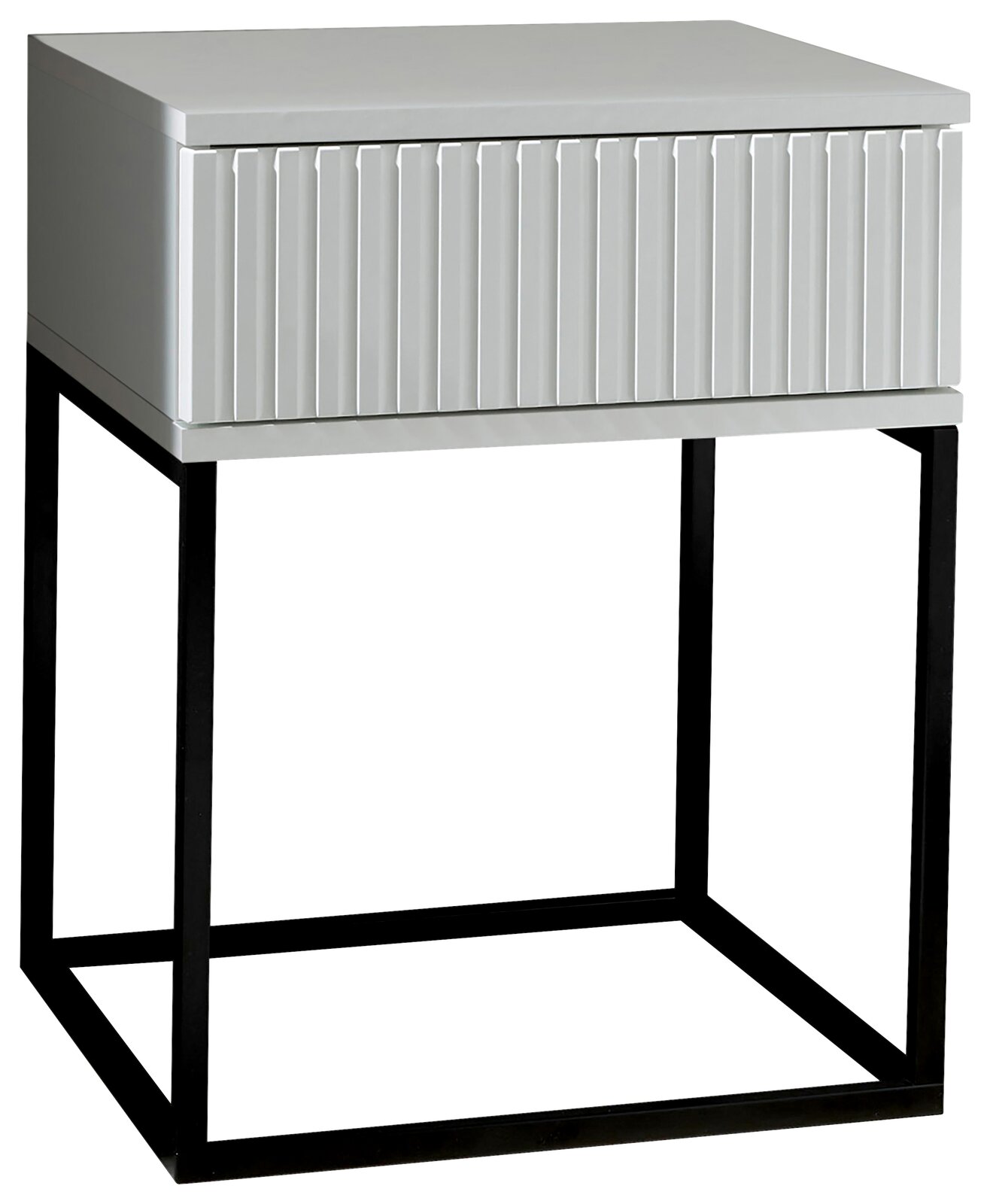 Z2 Nachtkommode MARLE Moderne Nachtkommode mit geriffelter Front und schwarzem Metallgestell, seitliche Perspektive