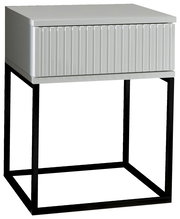 Moderne Nachtkommode mit geriffelter Front und schwarzem Metallgestell, seitliche Perspektive