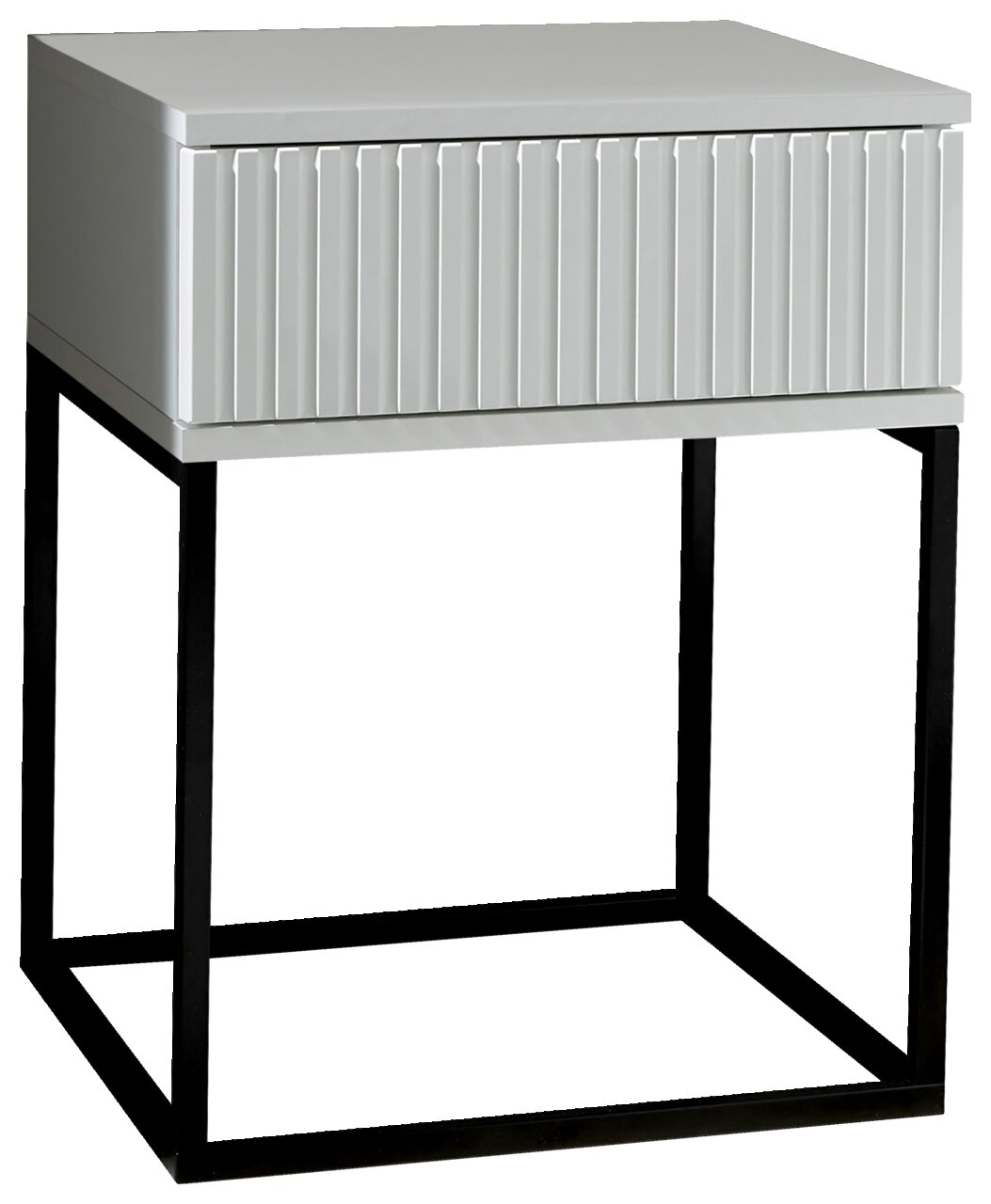 Moderne Nachtkommode mit geriffelter Front und schwarzem Metallgestell, seitliche Perspektive