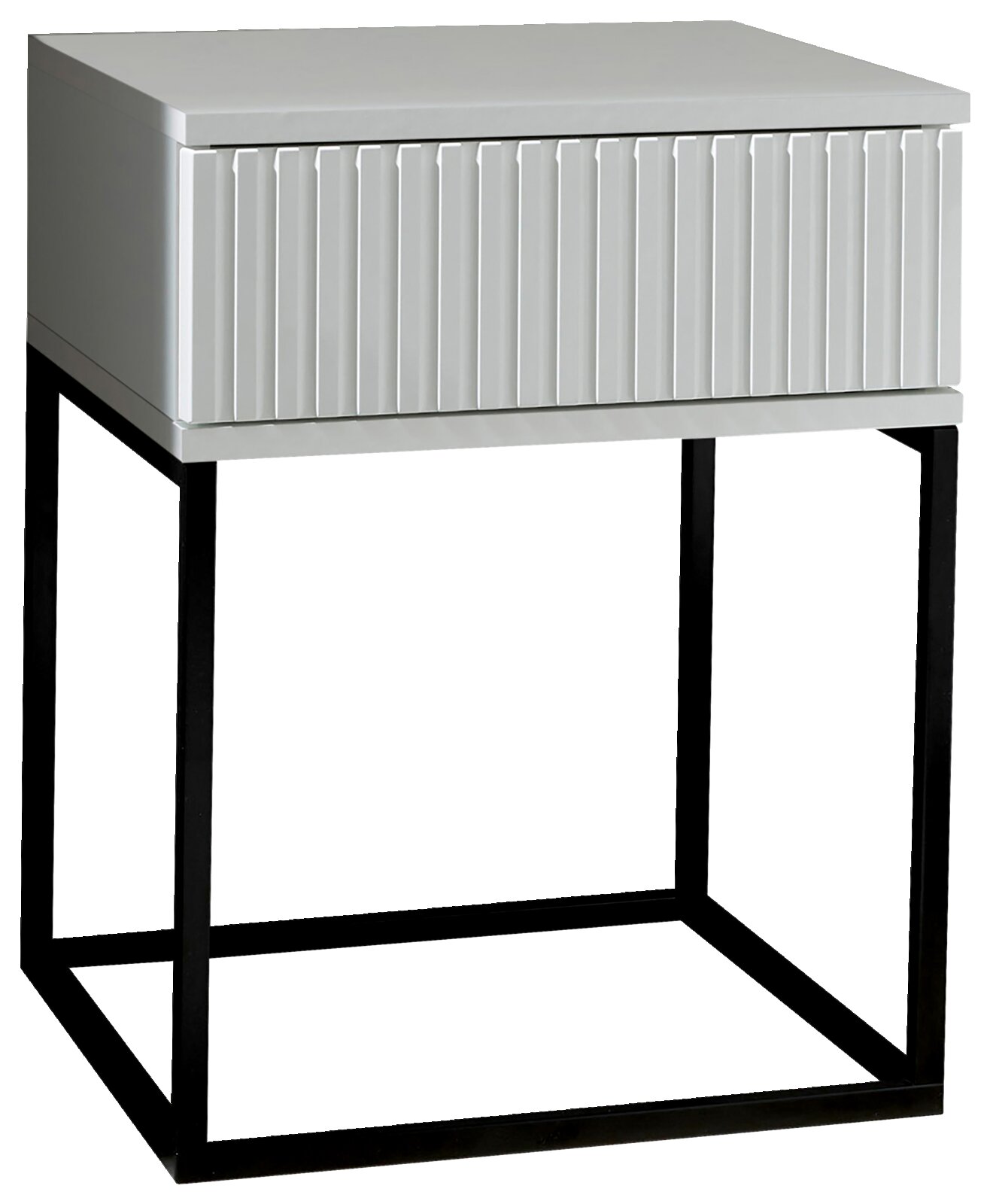 Moderne Nachtkommode mit geriffelter Front und schwarzem Metallgestell, seitliche Perspektive
