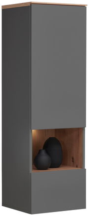 Graue Hängevitrine mit Holzdetails und zwei schwarzen Vasen, seitliche Perspektive