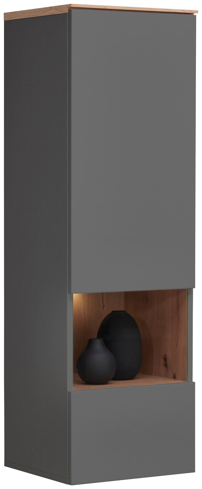 Graue Hängevitrine mit Holzdetails und zwei schwarzen Vasen, seitliche Perspektive