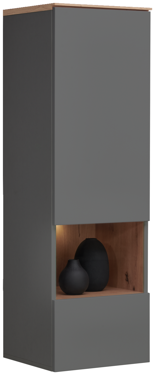 Graue Hängevitrine mit Holzdetails und zwei schwarzen Vasen, seitliche Perspektive