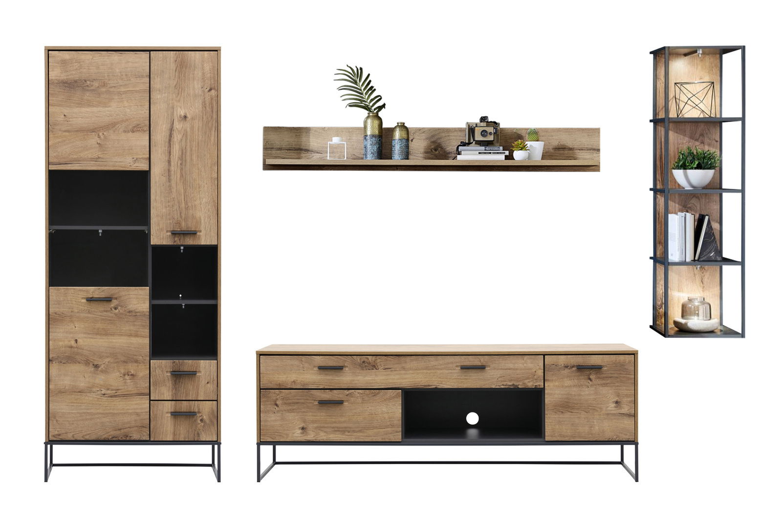 Moderne Wandkombination aus Holz und Metall in Frontalansicht, bestehend aus einem hohen Schrank, einem TV-Board, einem Wandregal und einem offenen Regal mit Beleuchtung.