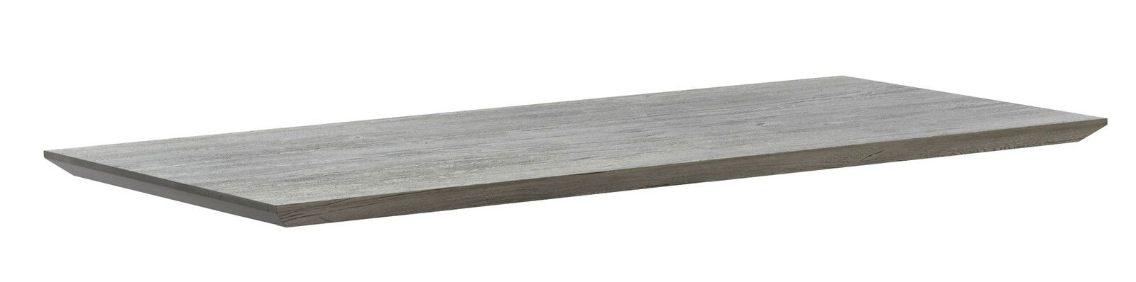 Graue Tischplatte mit Holzmaserung, seitliche Perspektive