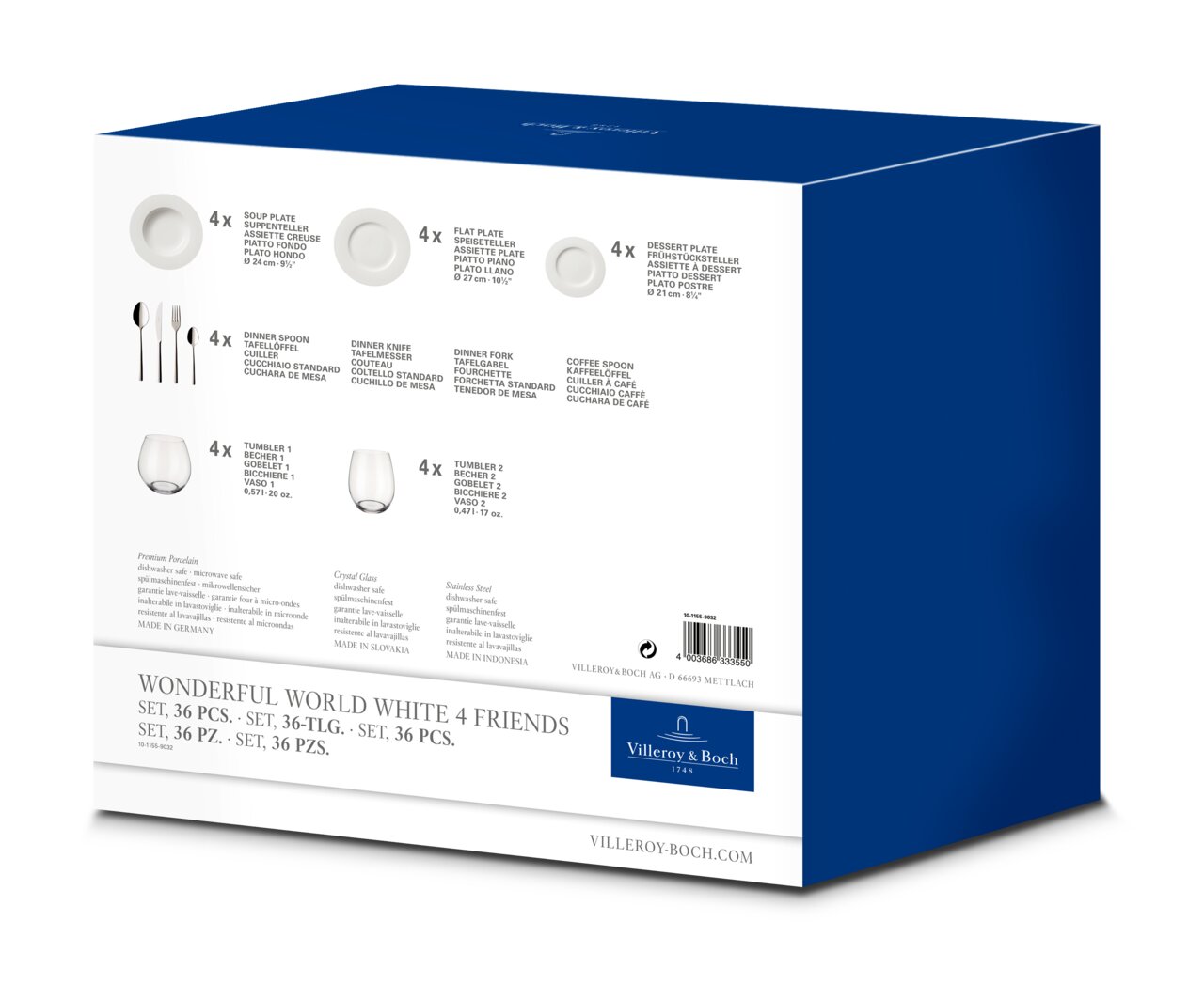 Starter-Set Wonderful World White 4 Friends, 36-teilig, Seitenansicht der Verpackung