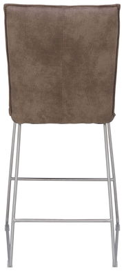 Rückansicht eines Barstuhls mit brauner Polsterung und Metallgestell.