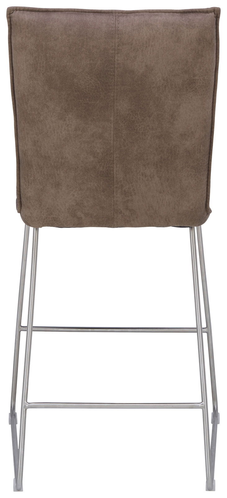 Rückansicht eines Barstuhls mit brauner Polsterung und Metallgestell.