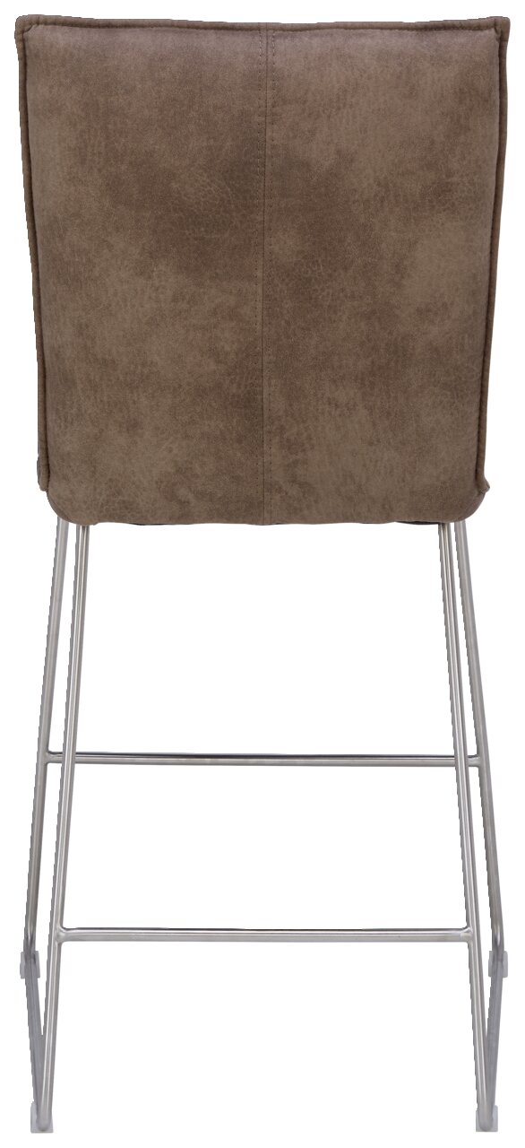 Rückansicht eines Barstuhls mit brauner Polsterung und Metallgestell.