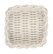 Vogelperspektive auf einen quadratischen, naturfarbenen Badkorb mit geflochtenem Design.