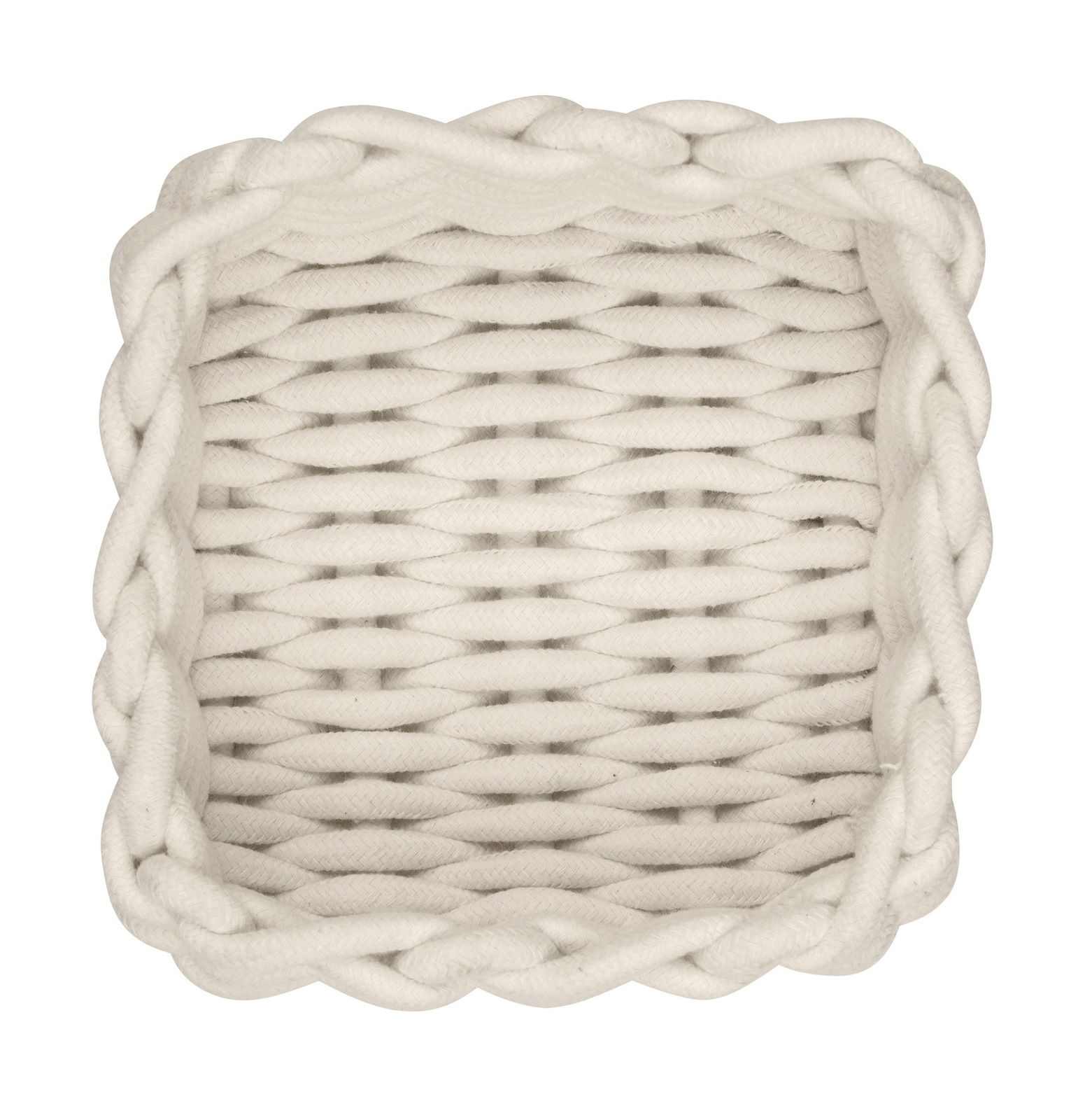 Vogelperspektive auf einen quadratischen, naturfarbenen Badkorb mit geflochtenem Design.