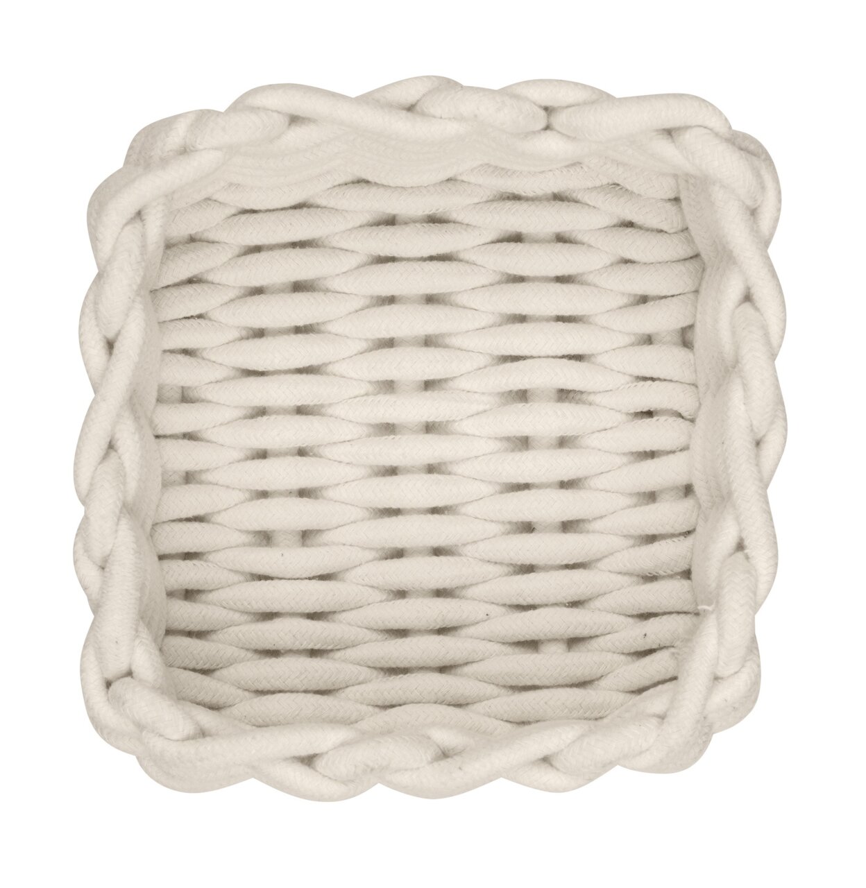 Vogelperspektive auf einen quadratischen, naturfarbenen Badkorb mit geflochtenem Design.