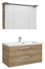 Badezimmermöbel-Set mit Holzoptik, bestehend aus einem Waschtisch mit zwei Schubladen und einem Hängeschrank mit Spiegel, seitliche Perspektive