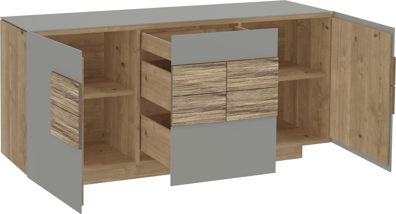 Geöffnetes Sideboard aus Holz mit grauen Akzenten, zwei Türen und Schubladen, Perspektive von vorne.