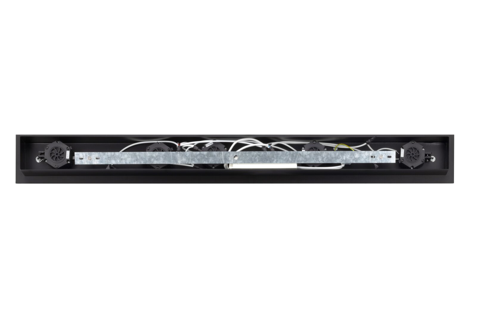 Innenansicht (Draufsicht) einer langen schwarzen LED-Leuchte mit Metallträger, mehreren Lüftern und sichtbarer Verkabelung
