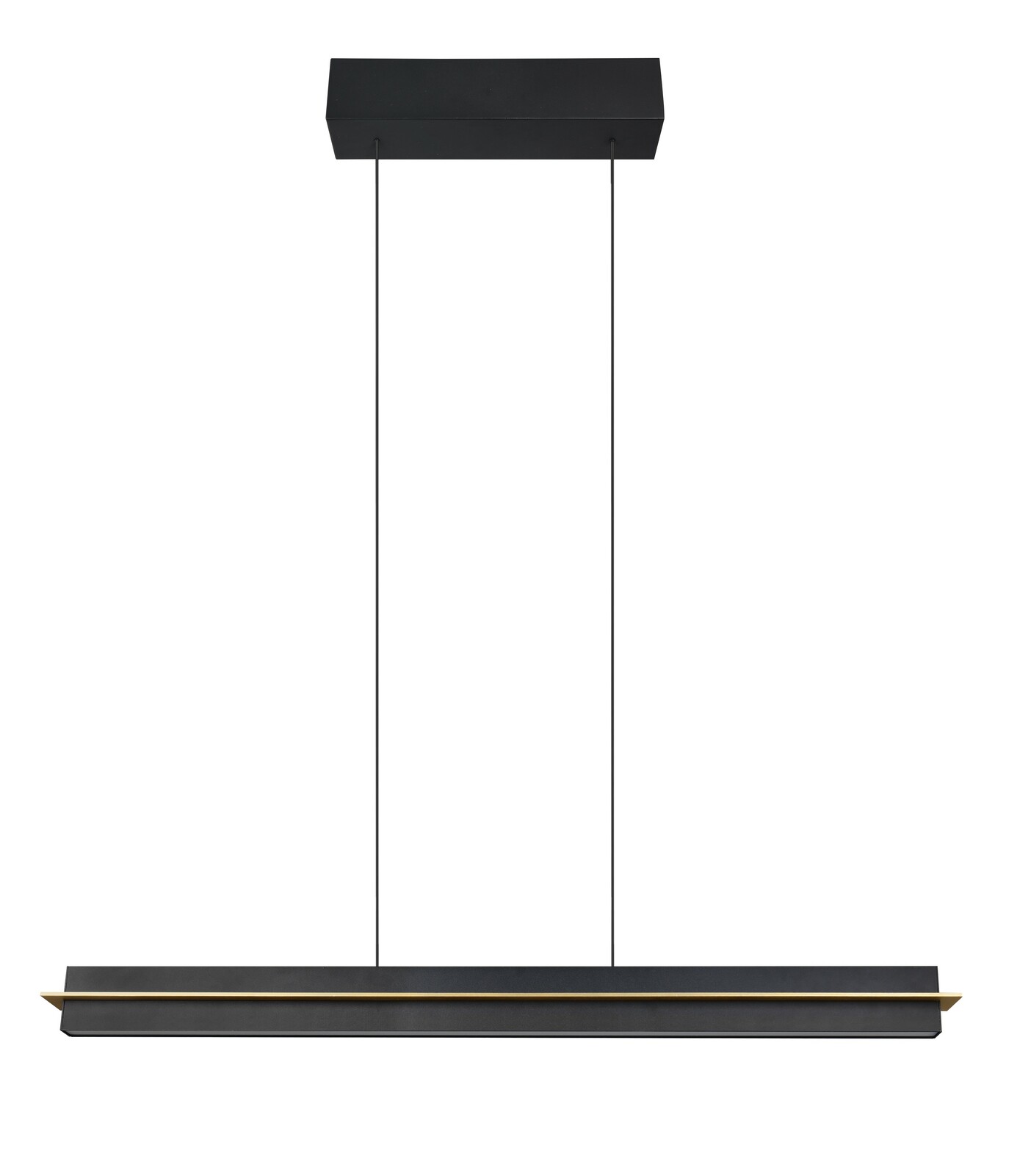 Moderne LED-Hängeleuchte in schwarzem Design, frontal abgebildet mit rechteckigem Baldachin und zwei dünnen Aufhängungen.