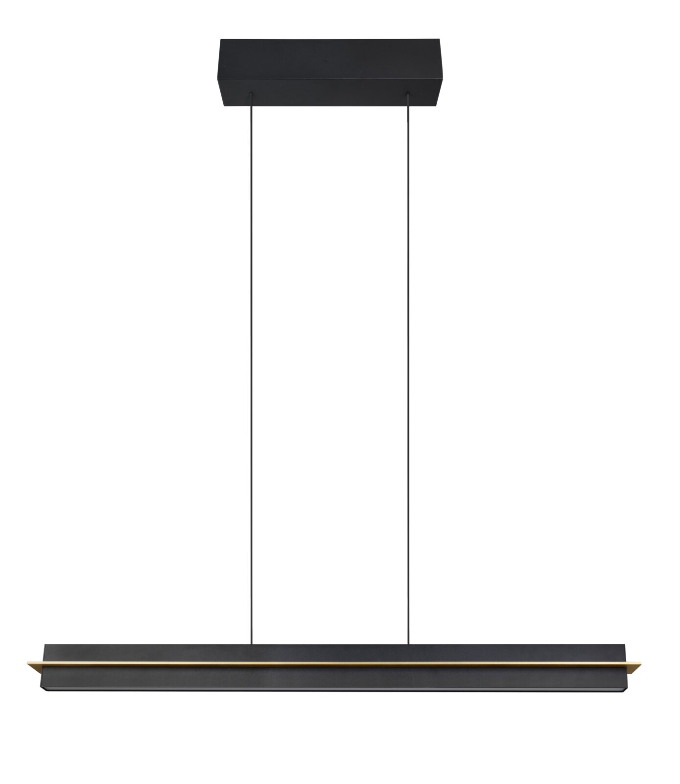 Moderne LED-hanglamp in een zwart ontwerp, hier afgebeeld van voren met een rechthoekige kap en twee dunne ophangdraden.