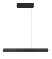 Moderne LED-hanglamp in een zwart ontwerp, hier afgebeeld van voren met een rechthoekige kap en twee dunne ophangdraden.
