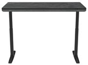 Moderner E-Schreibtisch mit dunkler Tischplatte und höhenverstellbaren schwarzen Beinen, Frontalansicht.