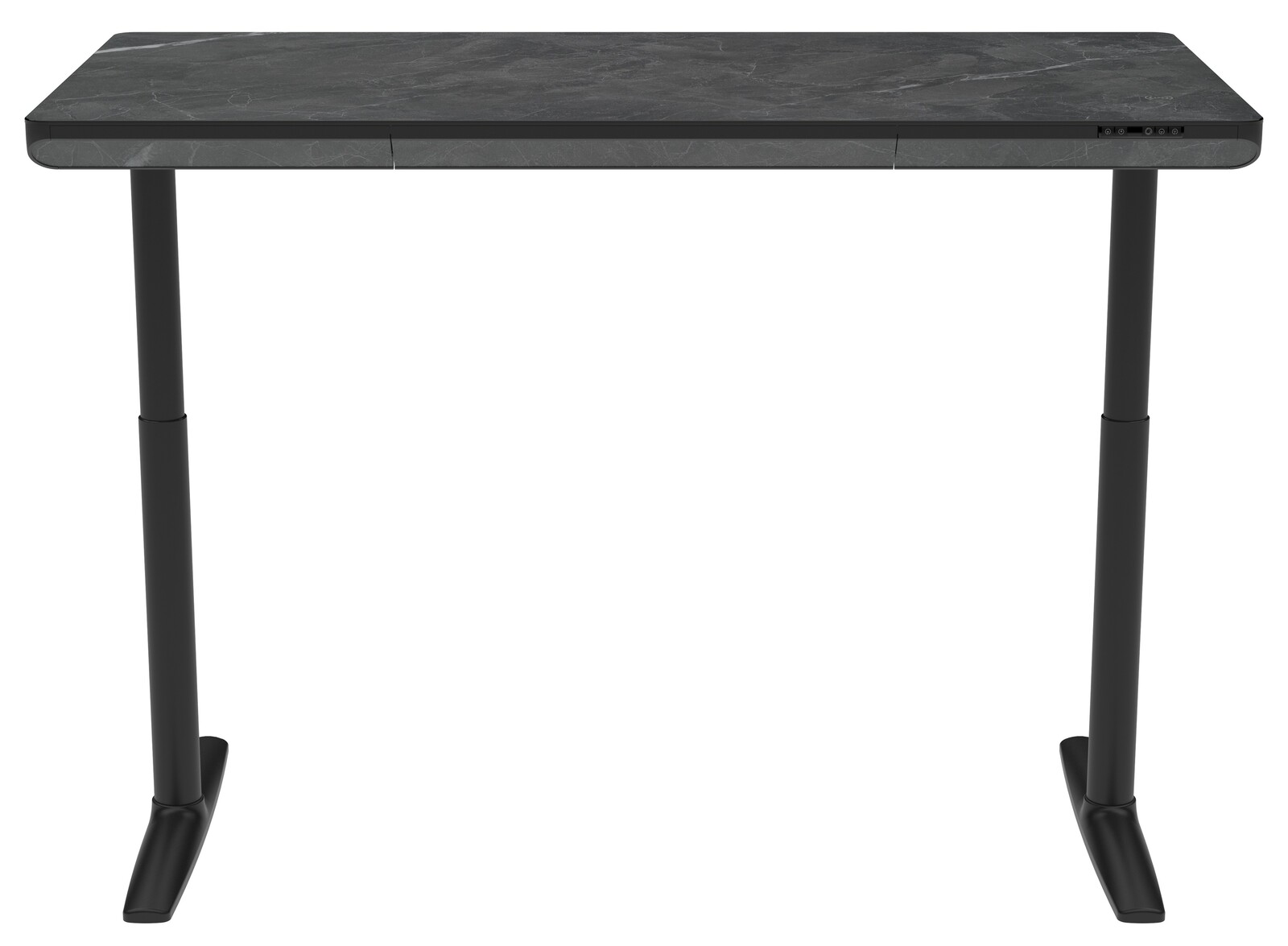 Moderner E-Schreibtisch mit dunkler Tischplatte und höhenverstellbaren schwarzen Beinen, Frontalansicht.