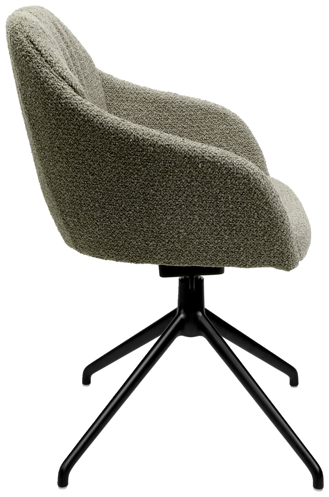 Zijaanzicht van een fauteuil met groene stoffen bekleding en een zwart metalen frame.