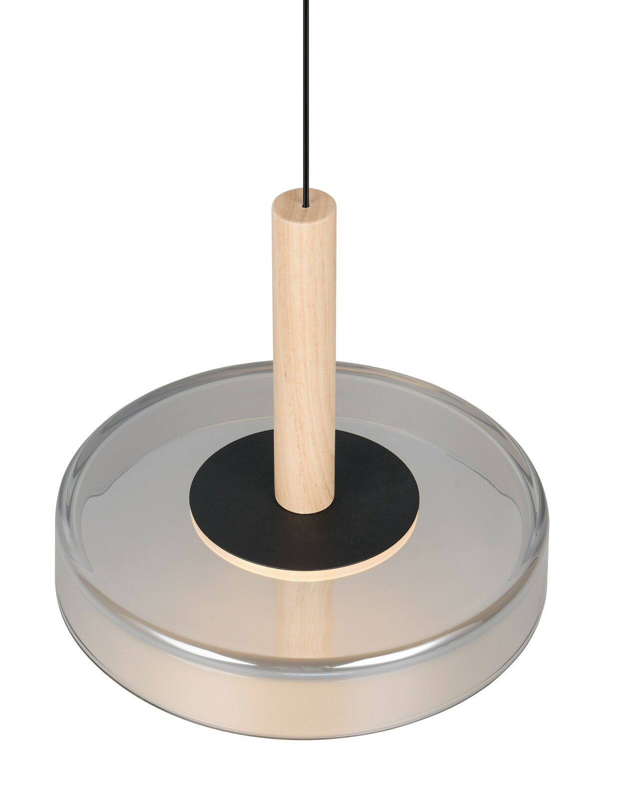 Moderne Pendelleuchte Celeste mit Holz- und Glaselementen, seitliche Perspektive