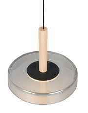 Moderne Pendelleuchte Celeste mit Holz- und Glaselementen, seitliche Perspektive