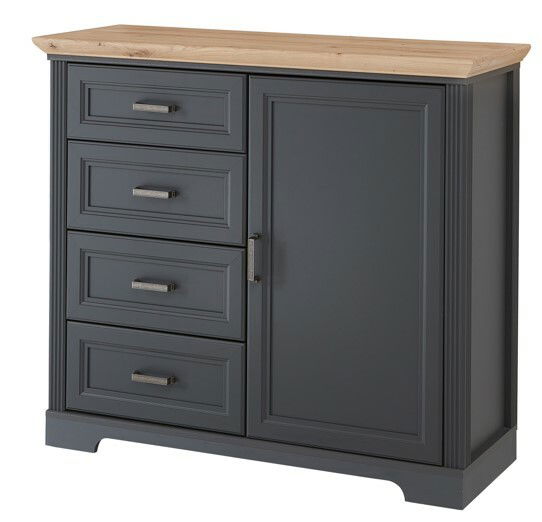 Landscape Kommode JUDITH Kommode mit vier Schubladen und einer Tür, in dunklem Grau mit einer Holzoberfläche, aus einer frontalen Perspektive.