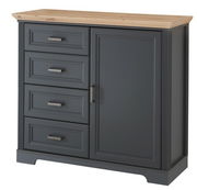 Kommode mit vier Schubladen und einer Tür, in dunklem Grau mit einer Holzoberfläche, aus einer frontalen Perspektive.