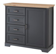 Kommode mit vier Schubladen und einer Tür, in dunklem Grau mit einer Holzoberfläche, aus einer frontalen Perspektive.