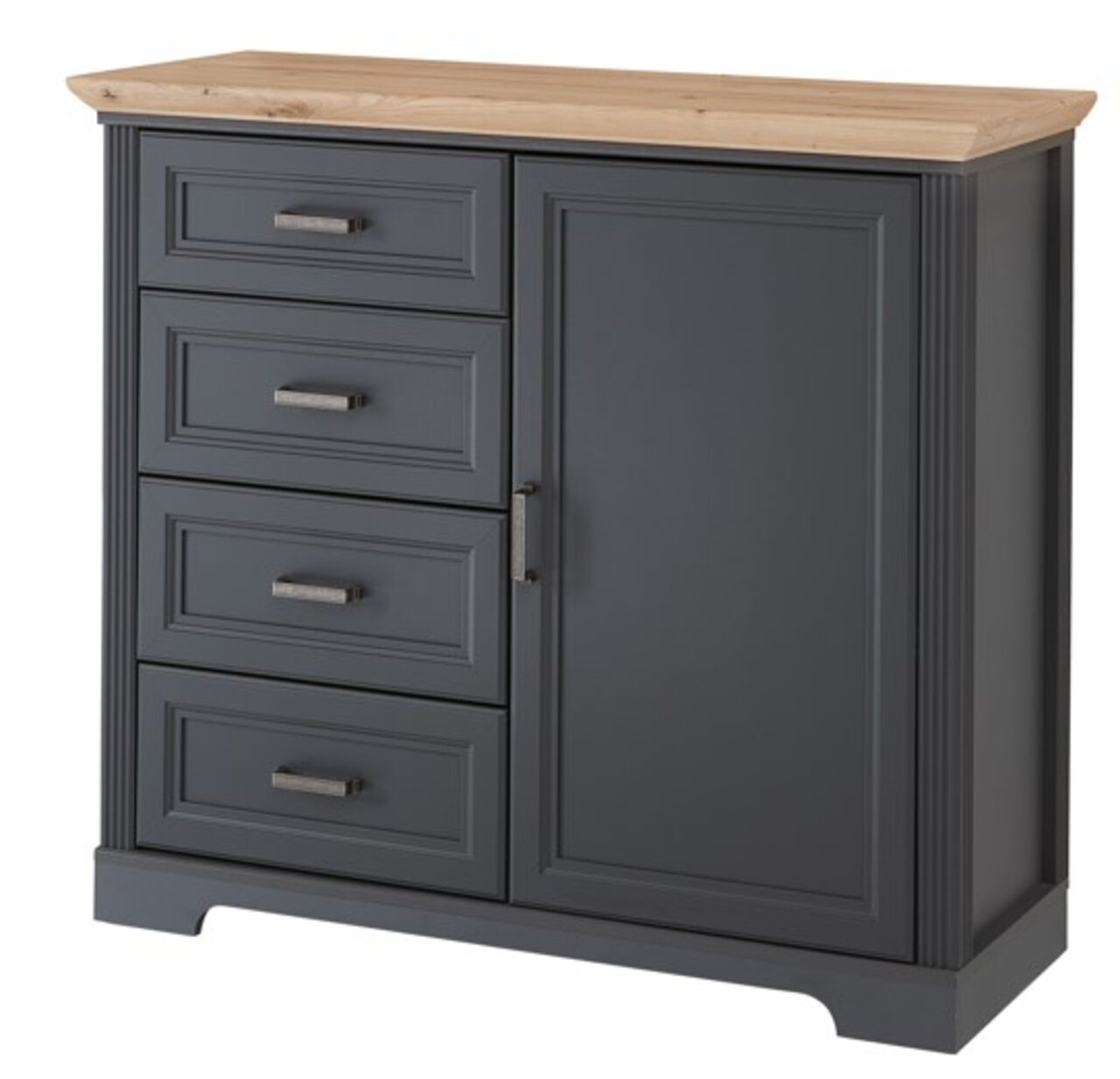 Kommode mit vier Schubladen und einer Tür, in dunklem Grau mit einer Holzoberfläche, aus einer frontalen Perspektive.