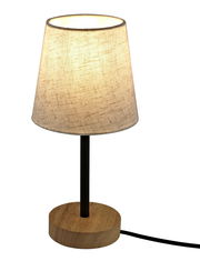 Tischleuchte mit hellem Stoffschirm und Holzfuß, seitliche Perspektive
