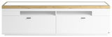 Weißes TV-Lowboard mit Holzoberfläche, zwei Schubladen und zwei Türen, frontale Ansicht