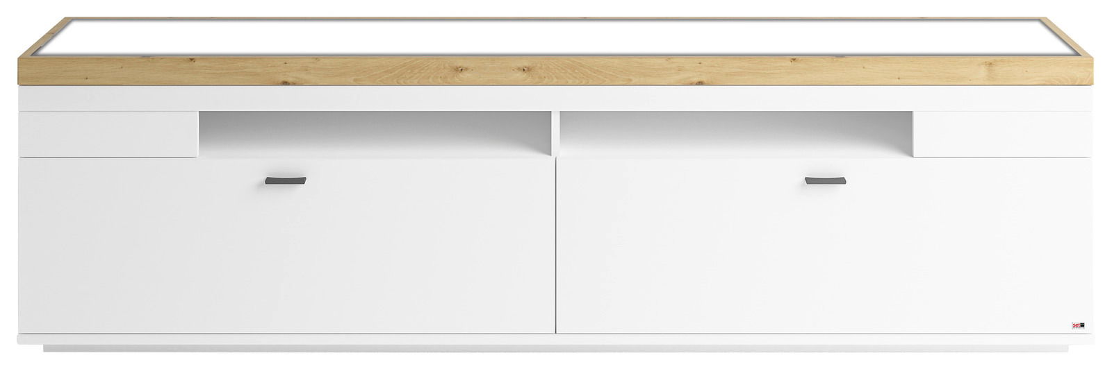 Weißes TV-Lowboard mit Holzoberfläche, zwei Schubladen und zwei Türen, frontale Ansicht